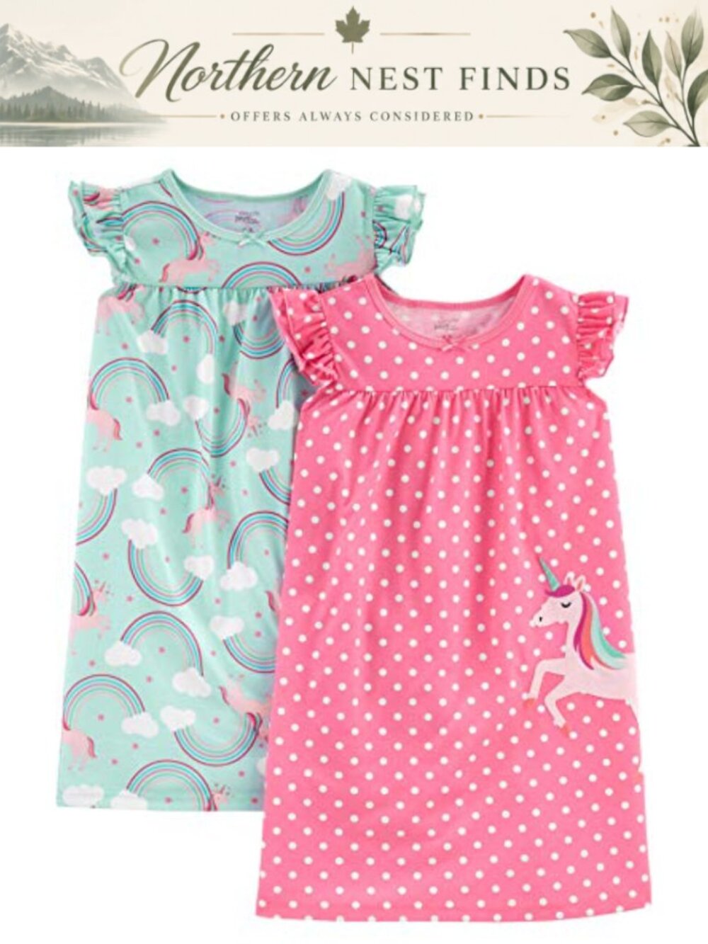 Girls 2-Pack Nightgowns Flutter Sleeve Flame Resistant Sleepwear